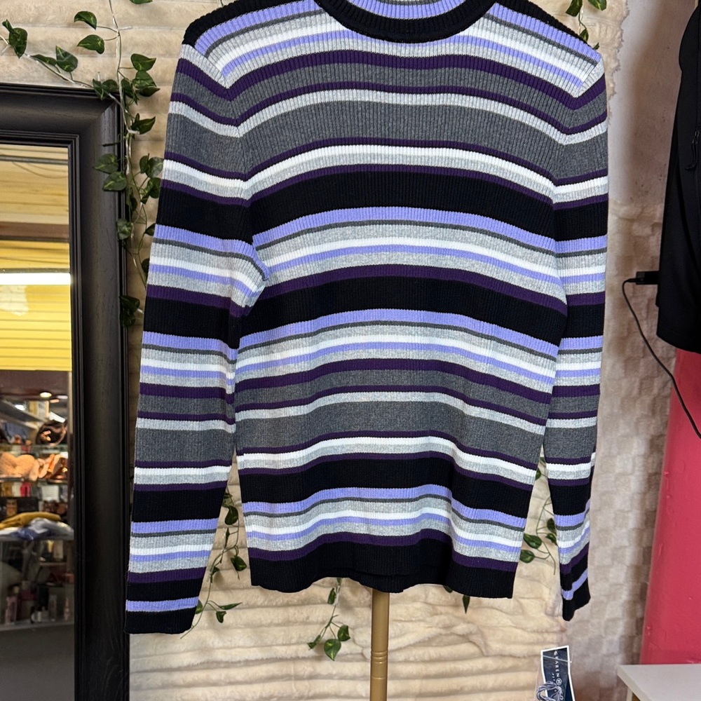 Karen Scott Men's Striped Crewneck Sweater - Purple, Gray, Black